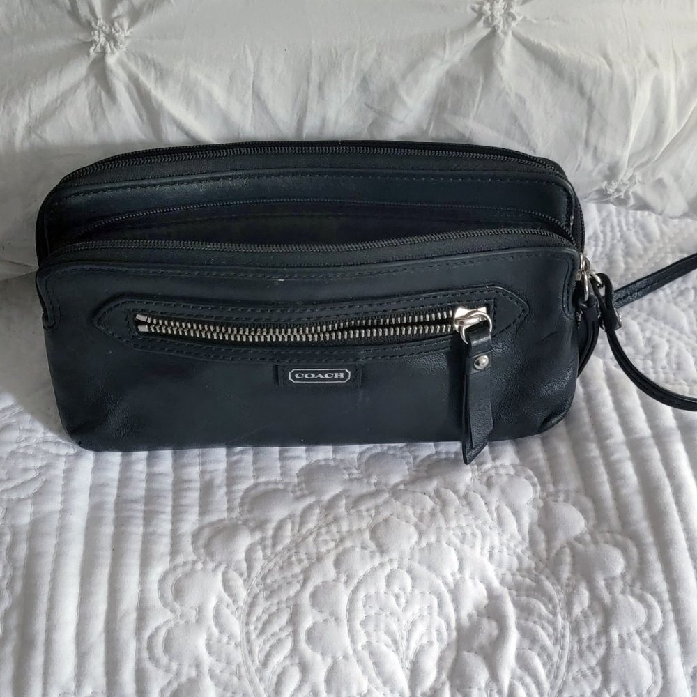 COACH Daisy Spectator Double Zip Black Leather Wristlet/Wallet